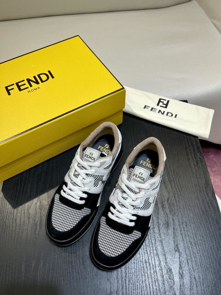 Fendi Match lace-up sneakers. Made of black suede and white leather, with white and black bird check fabric details. Rubber sole with Fendi on the side Size 39-44