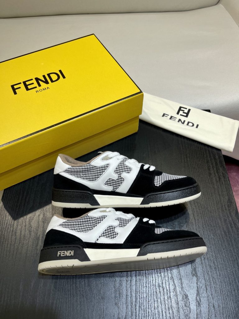 Fendi Match lace-up sneakers. Made of black suede and white leather, with white and black bird check fabric details. Rubber sole with Fendi on the side Size 39-44