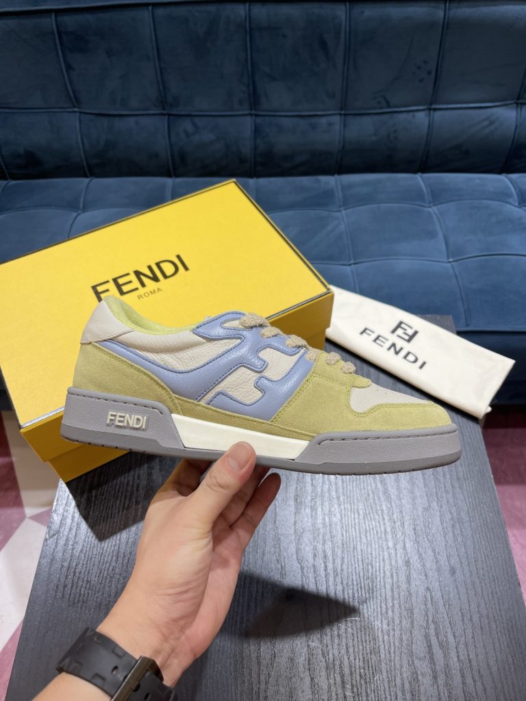 Fendi Match compact design sneaker with retro label on the tongue. The side is decorated with FF pattern stitching and Fendi embossing on the sole. White suede and leather. Decorated with the same color lace lace and lace. Rubber covered sole with beige cushioning material. Size 39-44