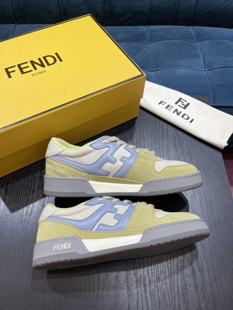 Fendi Match compact design sneaker with retro label on the tongue. The side is decorated with FF pattern stitching and Fendi embossing on the sole. White suede and leather. Decorated with the same color lace lace and lace. Rubber covered sole with beige cushioning material. Size 39-44