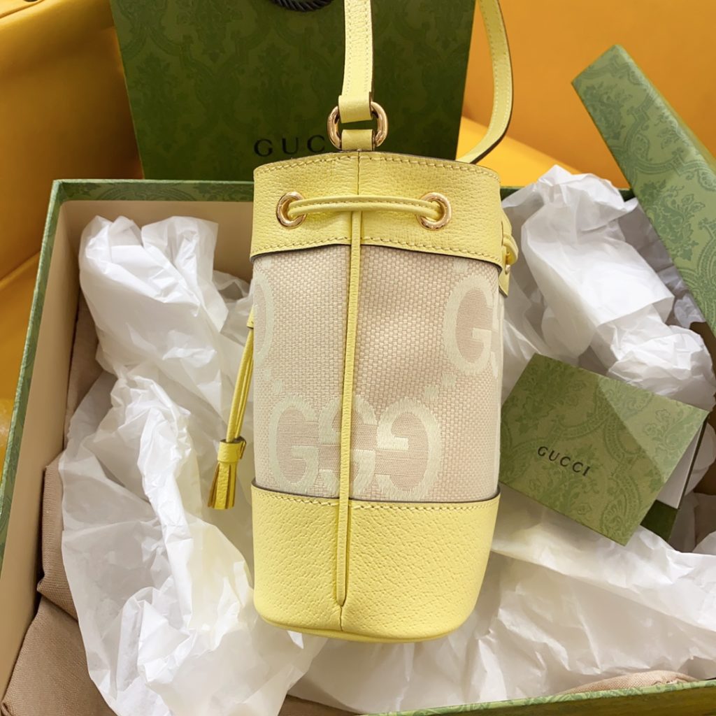 𝗢𝗽𝗵𝗶𝗱𝗶𝗮𝗮 series super double G mini bucket bag cool and cute small bucket too 🉑 Camel and Banana Yellow Super Double G Canvas Size: 15.5 (W) x 19 (H) x 9 (D) Model Number: 550620