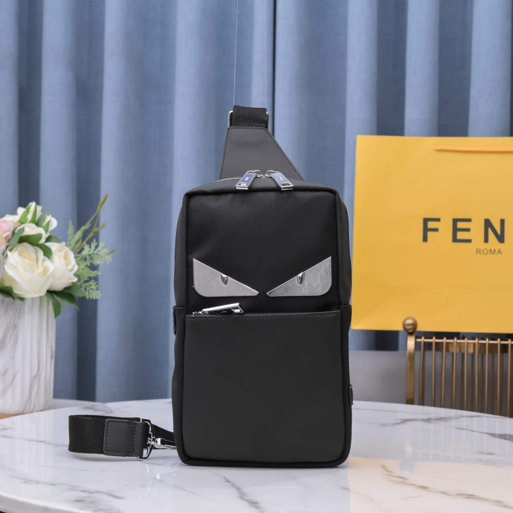 🆕🆕 Fendi FENDI Small Monster Rectangle Backpack 💯 () Men's cross body chest bag, made of original technology fabric and imported nubuck leather, is a bag for excellent travel experience. It has two compartments and a practical nylon shoulder strap, with adjustable length and is suitable for fastening on the left or right. The outer pocket and main compartment are opened and closed with a coated waterproof zipper. Two inner pockets. Breathable technical mesh fabric on the back. Size: 30-17-6CM Made in Italy Model 2330#