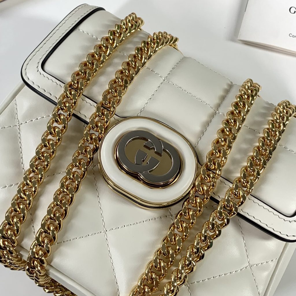 ❤️❤️💛💛 The new GG Deco series interlocking double G mini backpack, white quilted leather with gold accessories, sheepskin lining, chain strap shoulder strap, model number 741457 white, size 18X14.5X8cm