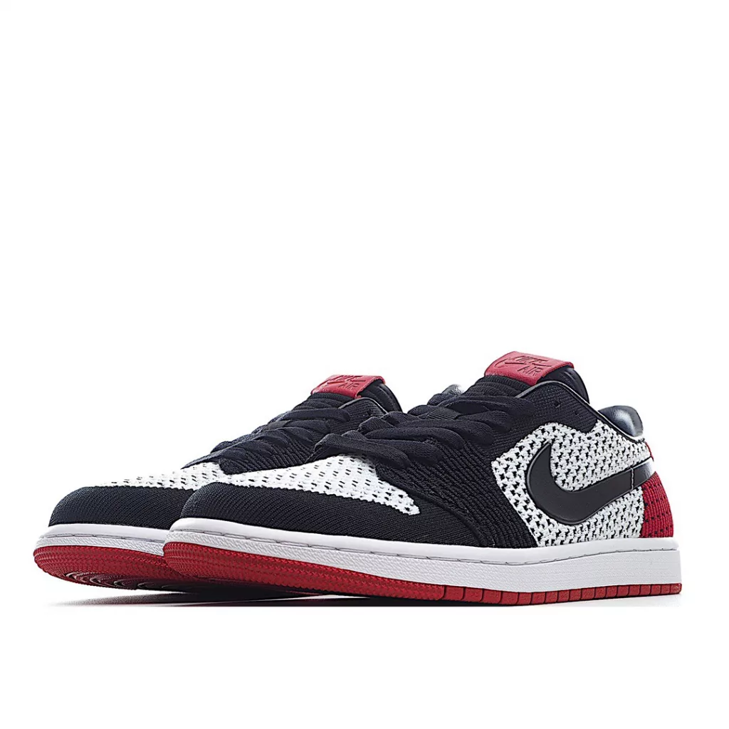 NK Air Jordan 1 Retro low Flyknit AJ1 low cut black, white, and red shoes are made of fly knit material on the face, with a top layer of cowhide on the inner lining and heel