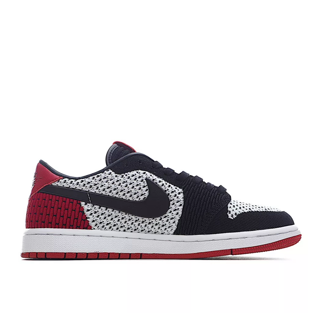 NK Air Jordan 1 Retro low Flyknit AJ1 low cut black, white, and red shoes are made of fly knit material on the face, with a top layer of cowhide on the inner lining and heel