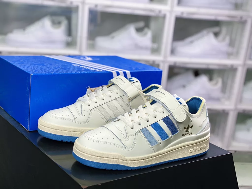 Adidas Clover Originals Forum 84 Low Roman Collection Velcro Low Top Vintage Lace up Versatile Casual Sports Board Shoes Deconstructed Off White Gradient Wash Blue Gold LOGO 