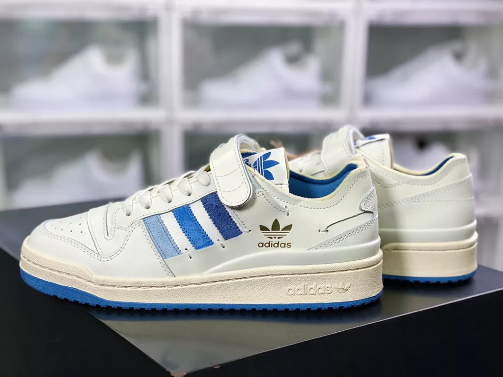 Adidas Clover Originals Forum 84 Low Roman Collection Velcro Low Top Vintage Lace up Versatile Casual Sports Board Shoes Deconstructed Off White Gradient Wash Blue Gold LOGO 