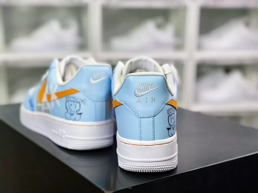 Nike Air Force 1 07 LV8 Air Force One Classic Low top Versatile Casual Sneakers Light Blue Dark Yellow White Black Bear Graffiti 