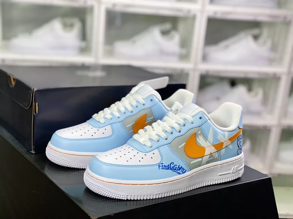 Nike Air Force 1 07 LV8 Air Force One Classic Low top Versatile Casual Sneakers Light Blue Dark Yellow White Black Bear Graffiti 