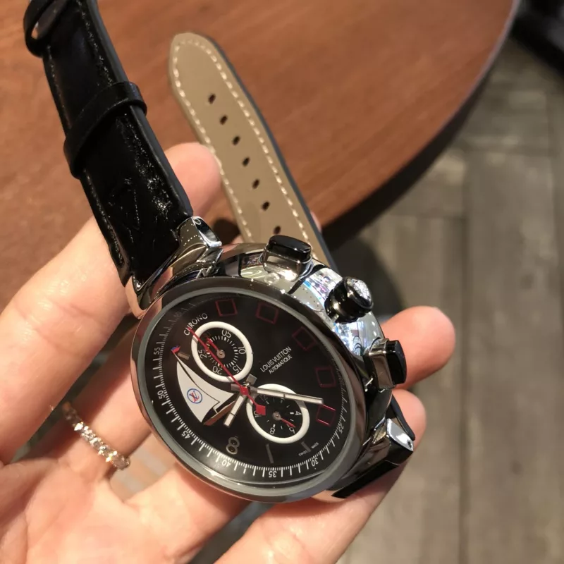 Lv Louis Vuitton (easy to match, very stylish, awesome yet) Size: 33mm , thickness: 11mmnovelty font, plus sapphire crystal = no scratches, Swiss movement = accurate timekeeping . Very cheap, works well and looks great