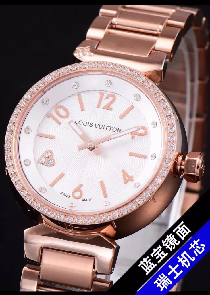 Lv Louis Vuitton (Easy to match, very stylish, awesome yet) Size: 33mm, thickness: 11mm Novelty font, plus sapphire crystal = no scratches, Swiss movement = accurate timekeeping. Very cheap, works well and looks great