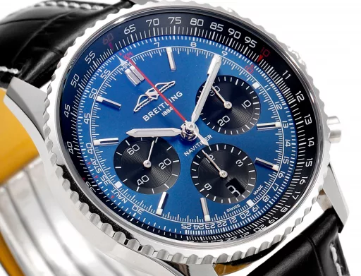 BLS: Breitling's new Navitimer celebrates its 70th anniversary, with a bold new interpretation of the classic watch. Measuring 43mm, the iteration is undoubtedly an authentic Navitimer, with a circular slide rule, baton scale, three subdials and a grooved bezel for easy grip, and the new BLS B01 movement