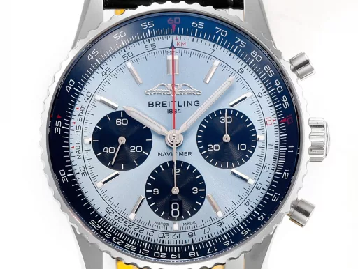 BLS: Breitling's new Navitimer celebrates its 70th anniversary, with a bold new interpretation of the classic watch. Measuring 43mm, the iteration is undoubtedly an authentic Navitimer, with a circular slide rule, baton scale, three subdials and a grooved bezel for easy grip, and the new BLS B01 movement