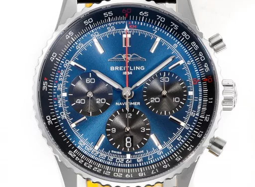 BLS: Breitling's new Navitimer celebrates its 70th anniversary, with a bold new interpretation of the classic watch. Measuring 43mm, the iteration is undoubtedly an authentic Navitimer, with a circular slide rule, baton scale, three subdials and a grooved bezel for easy grip, and the new BLS B01 movement