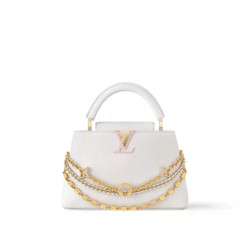 This Capucines BB bag from the Trilogy collection is elegantly crafted with Taurillon leather and striking hardware. The gorgeous chain is embellished with a mini padlock and enamel Monogram flowers, and the flap can be opened externally or internally to open multiple pockets. The sophisticated design allows for a variety of carrying experiences