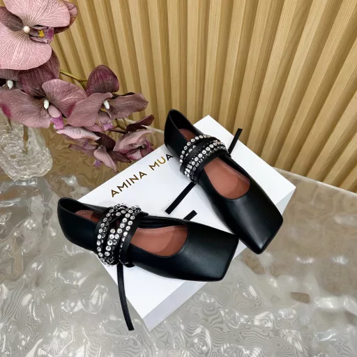 Amina Muaddi 🔺2025 new counter synchronization style oblique square head mesh hollow 🧡 hot diamond strap Mary Jane ballet shoes