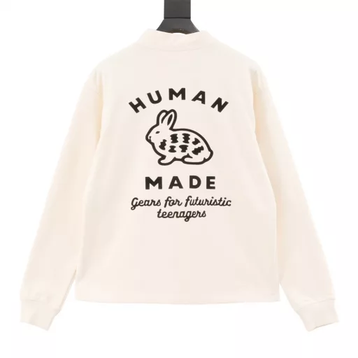 Human made rabbit print sweater cardiganOriginal purchase, using 410g high-density cotton light fleece fabric, washed and pre-shrunk. Custom-made dyed buttons, front and back printing, printed six times to have the original thickness and effect. Special flat lathe for parking spaces, not ordinary parking space processing