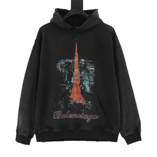 Balenciaga 24Fw Tokyo Tower direct-injection printing damaged washed distressed hooded sweatshirtAll original development pays attention to details Correct 450g fixed-woven and dyed cotton double yarn tight cotton fabric Soft and comfortableImported Kangli direct-injection printing color ZP consistent Clear and firm without hand feeling Fixed dyed thread No color difference and no deformation Worn details ZP consistentWashed and distressed garments Super heavy craftsmanship Good color fastness ZP consistentOS ultra-loose drop shoulder version, easy for men and women to control